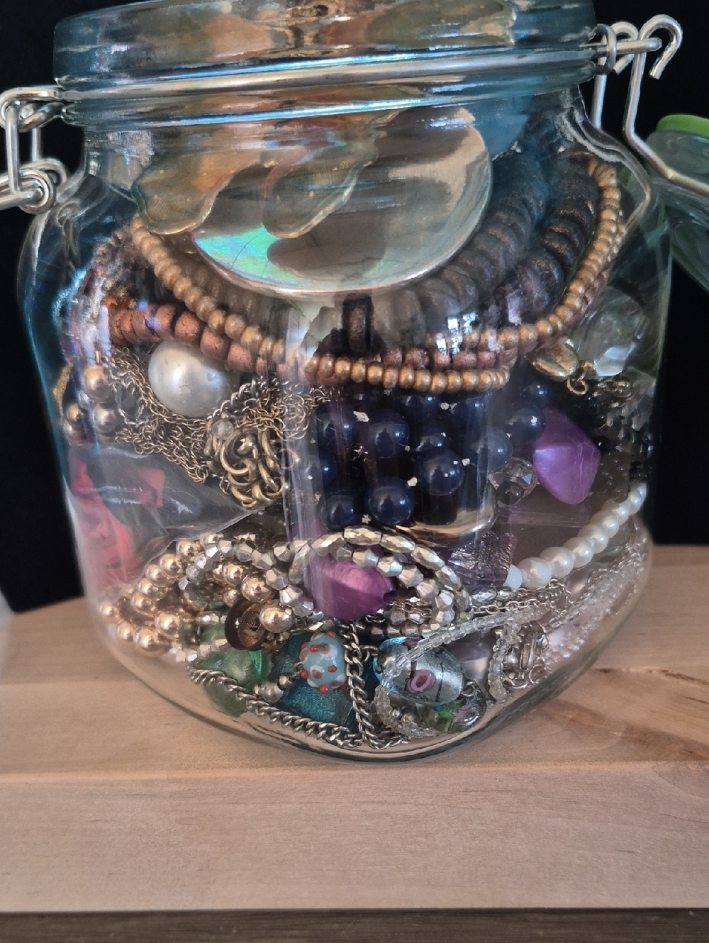 Mixed Beaded Jewelry Lot in Metallics, Blue & Purple. Faux Pearls, Silver Cuff